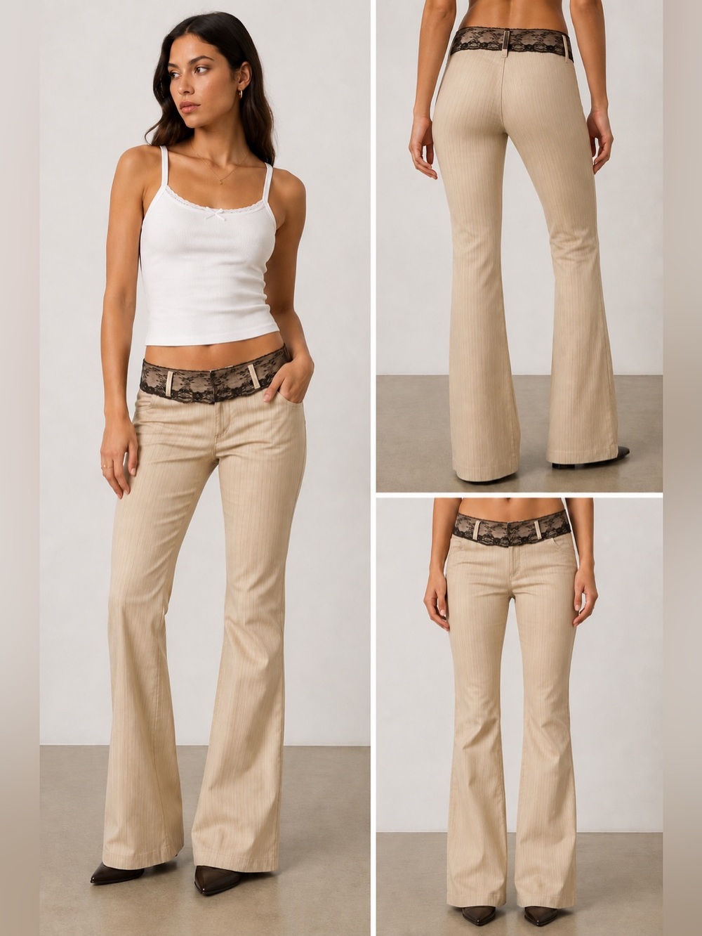 Y2K Elan Low Rise Pinstripe Flare Pants Lace Waistband Beige Black 165/66A